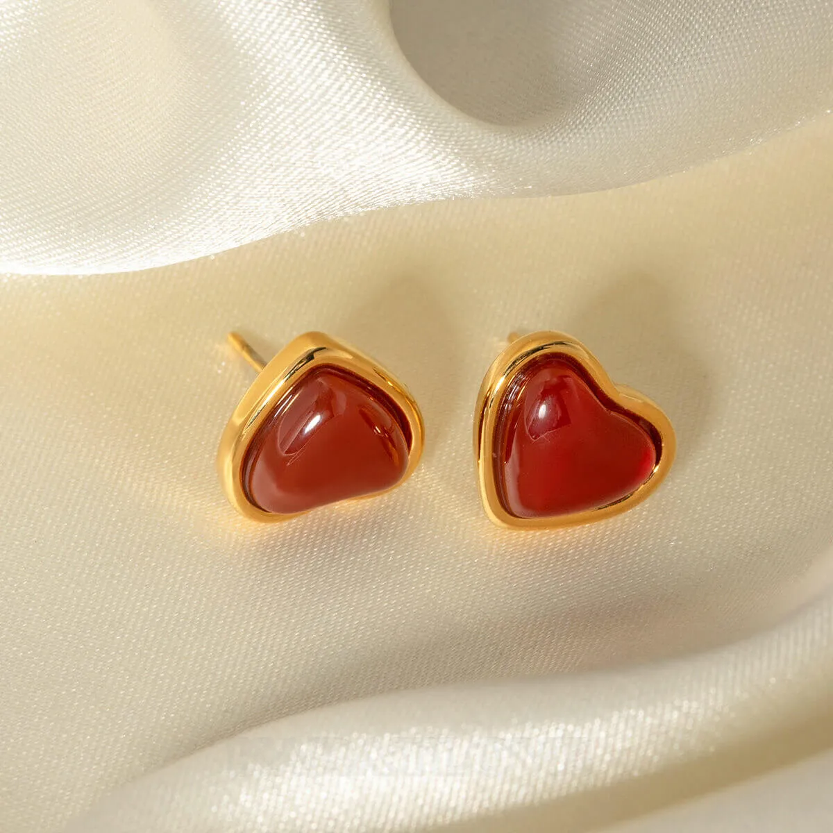 18K Gold Plated Carnelian Heart Stud Earrings
