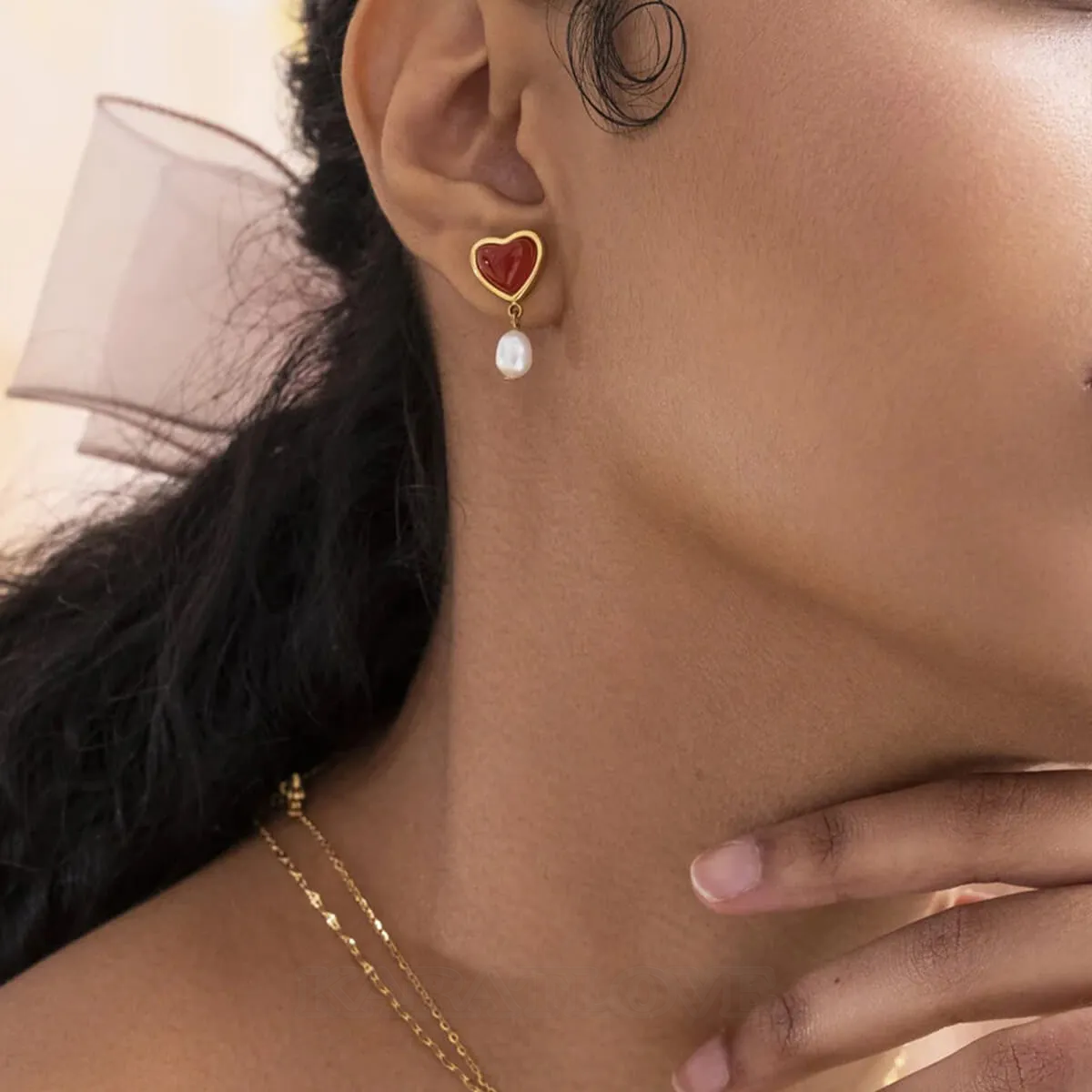 18K Gold Plated Carnelian Pearl Drop Earrings