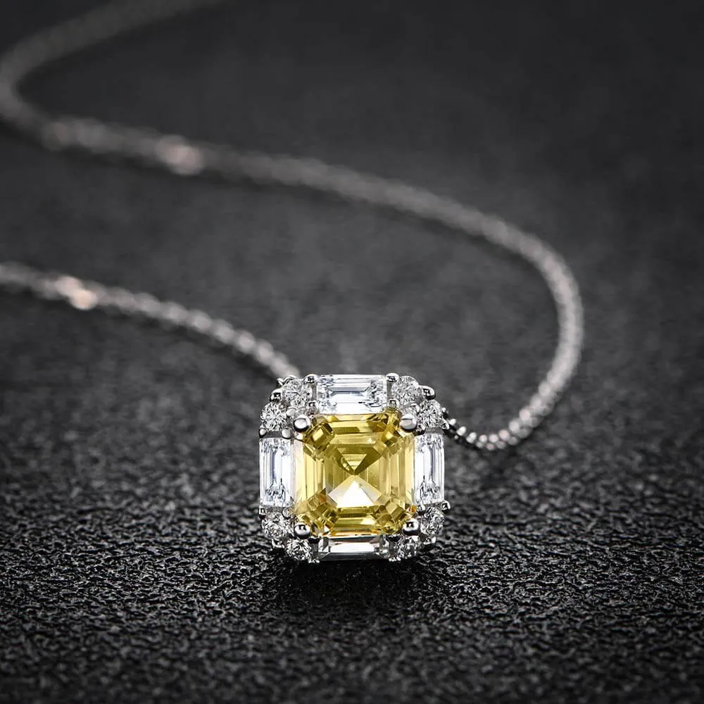 Asscher Citrine Yellow 925 Sterling Silver 16" Necklace