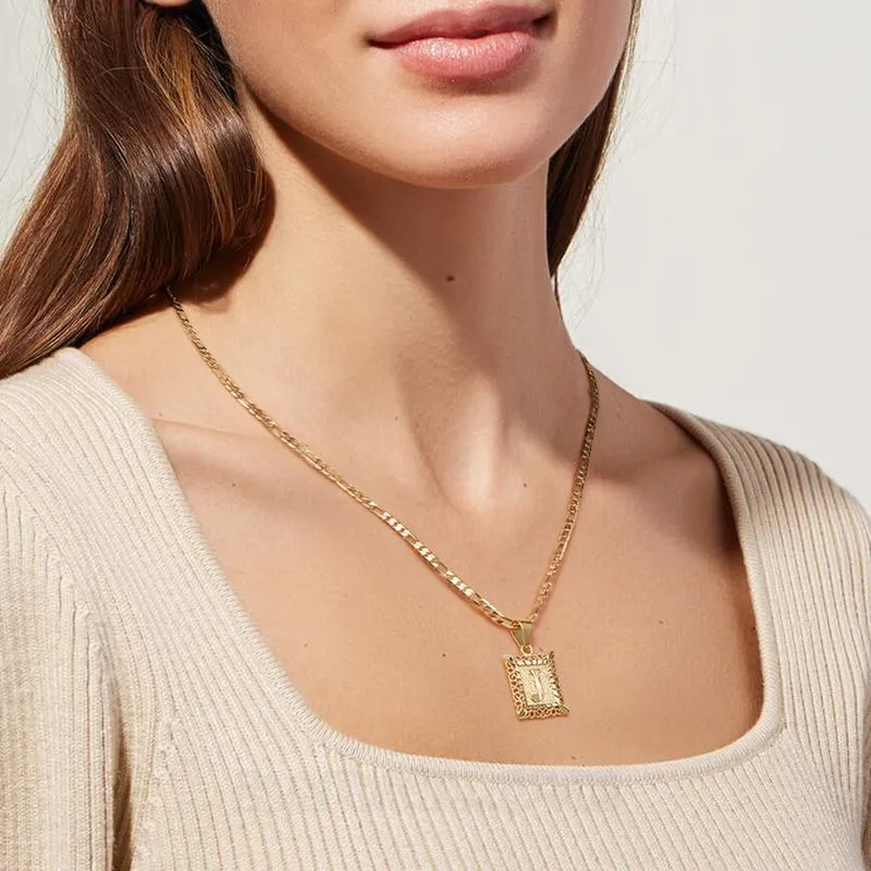 A-Z Initial Letter 18K Gold Plated 20 Inches Figaro Chain Pendant Necklace