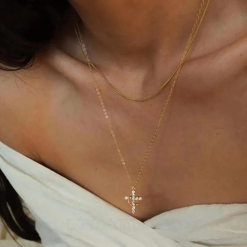 Diamond White Cross Pendant Choker 18 Inches Necklace