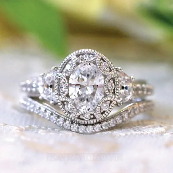 Diamond White Vintage Oval Cut Halo Bridal Ring Sets