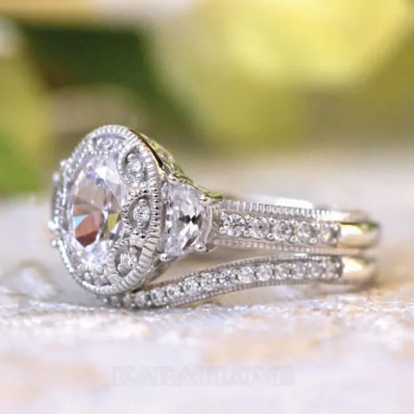 Diamond White Vintage Oval Cut Halo Bridal Ring Sets
