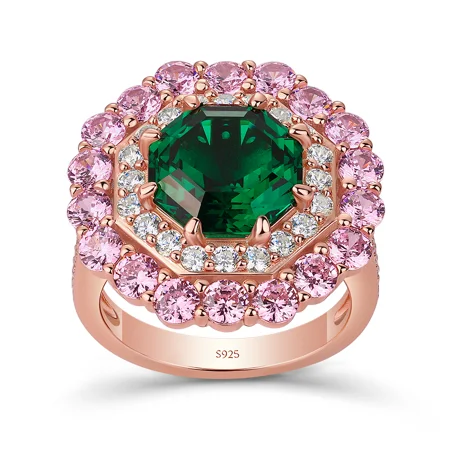 Octagon Cut Emerald Green Sterling Silver Rose Gold Double Halo Engagement Ring