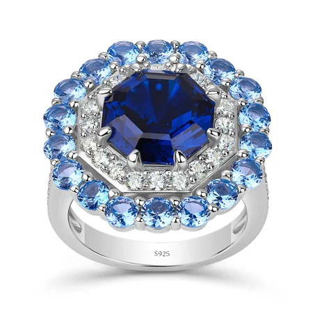 Octagon Cut Sapphire Blue Sterling Silver Double Halo Engagement Ring