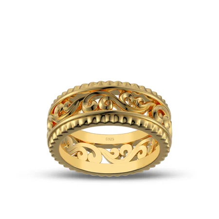 Sterling Silver Yellow Gold Wedding Ring with Hollowed-out Patterns