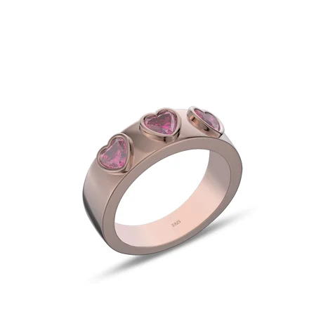 Three Heart Cut Ruby Red Sterling Silver Rose Gold Bezel Promise Ring