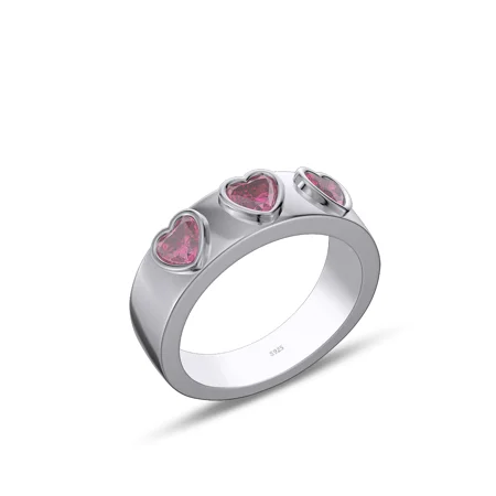 Three Heart Cut Ruby Red Sterling Silver Bezel Promise Ring