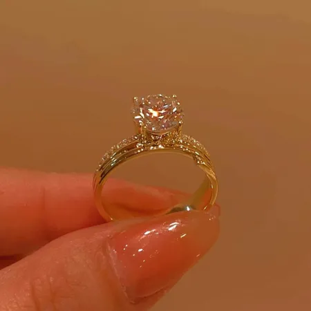 Round Cut Diamond White Yellow Gold 925 Sterling Silver Engagement Ring