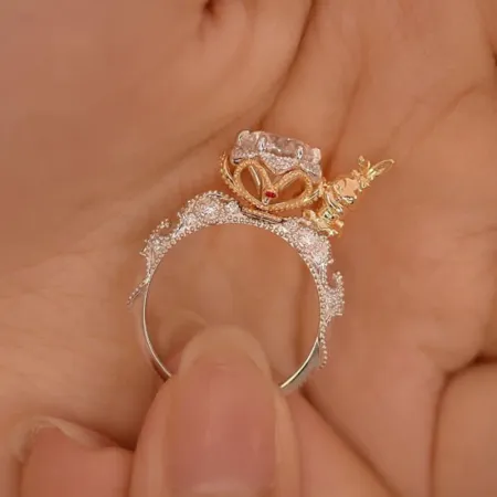 Round Cut Diamond White Bunny Rabbit Engagement Ring in 925 Sterling Silver