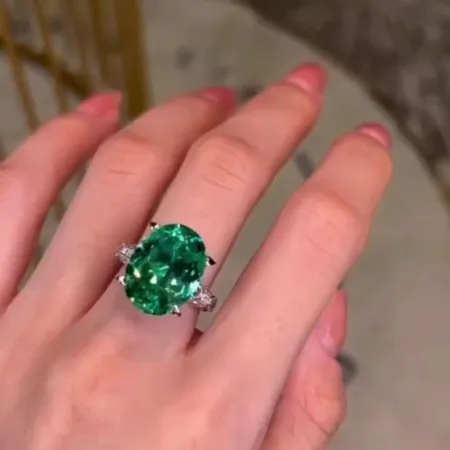 Oval Cut Emerald Green Art Deco 925 Sterling Silver Engagement Ring