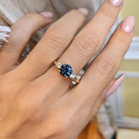 Round Cut Sapphire Blue 3-Stone 925 Sterling Silver Yellow Gold Engagement Ring
