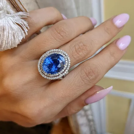 Oval Cut Sapphire Blue Double Halo 925 Sterling Silver Engagement Ring