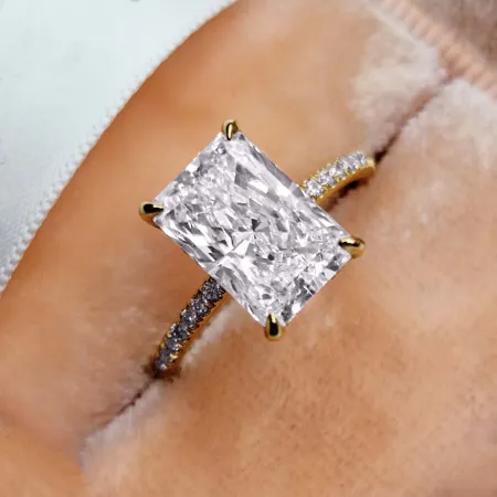 Radiant Cut Diamond White 925 Sterling Silver Yellow Gold Hidden Halo Engagement Ring