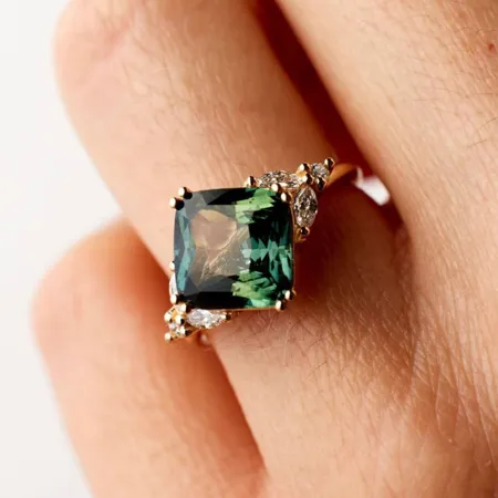 Princess Cut Emerald Green 925 Sterling Silver Yellow Gold Art Deco Engagement Ring