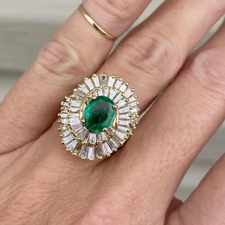 Oval Cut Emerald Green 925 Sterling Silver Yellow Gold Halo Art Deco Engagement Ring
