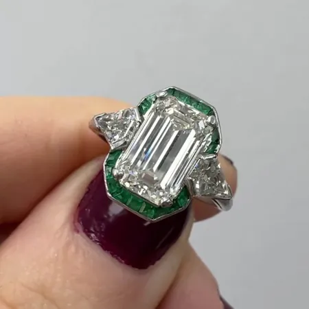 Emerald Diamond White Sterling Silver Halo 3-Stone Engagement Ring