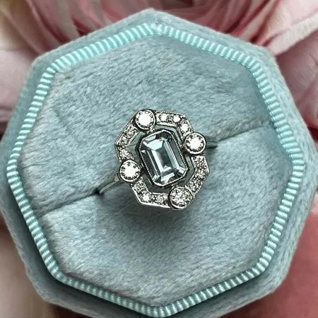 Emerald Cut Aquamarine Sterling Silver Halo Engagement Ring