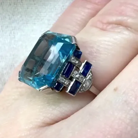 Asscher Cut Aquamarine Sterling Silver Art Deco Engagement Ring
