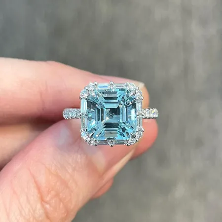 Asscher Cut Aquamarine Sterling Silver Halo Engagement Ring