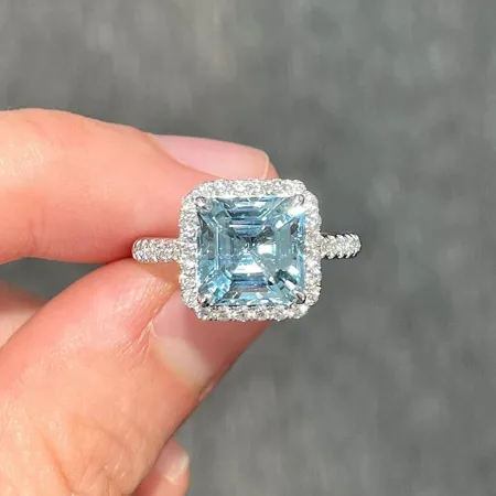 Asscher Cut Aquamarine Sterling Silver Halo Engagement Ring
