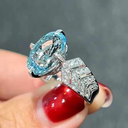 Oval Cut Aquamarine Sterling Silver Art Deco Engagement Ring