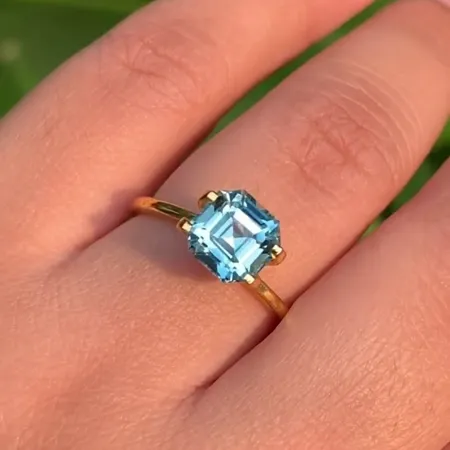 Asscher Cut Aquamarine Sterling Silver Yellow Gold Solitaire Engagement Ring