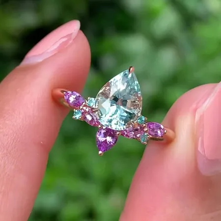 Pear Cut Aquamarine Sterling Silver Rose Gold Art Deco Engagement Ring