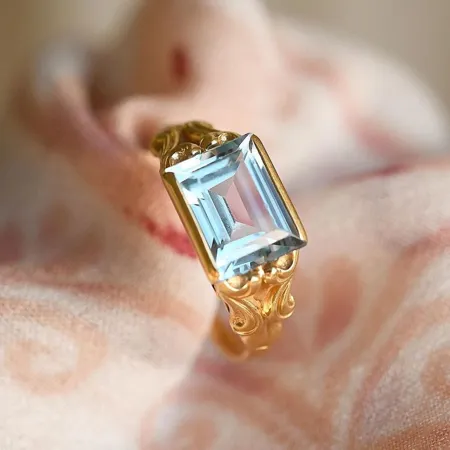 Emerald Cut Aquamarine Sterling Silver Yellow Gold Solitaire Engagement Ring