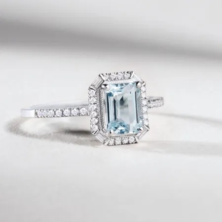 Emerald Cut Aquamarine Sterling Silver Halo Engagement Ring
