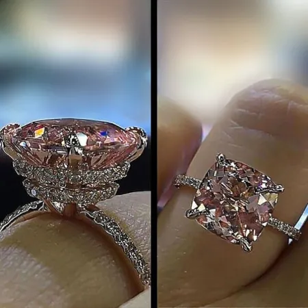 Cushion Cut Fancy Pink Sterling Silver Rose Gold Halo Engagement Ring