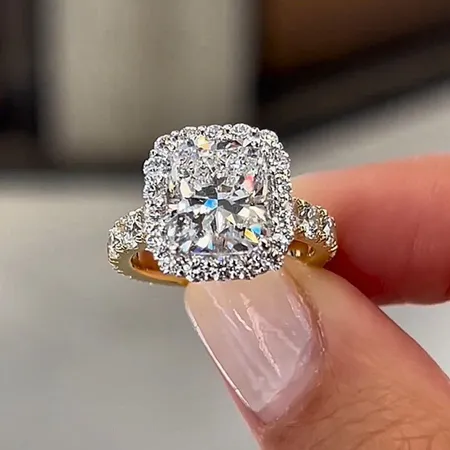 Cushion Cut Diamond White Sterling Silver Yellow Gold Halo Engagement Ring