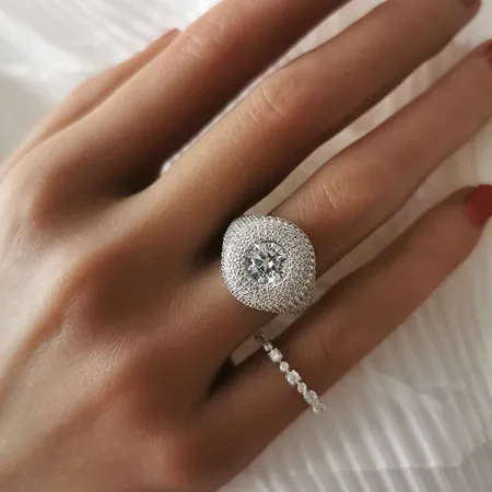 Round Cut Diamond White Sterling Silver Art Deco Engagement Ring