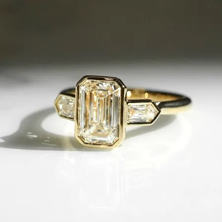Emerald Cut Diamond White Sterling Silver Yellow Gold 3-Stone Engagement Ring