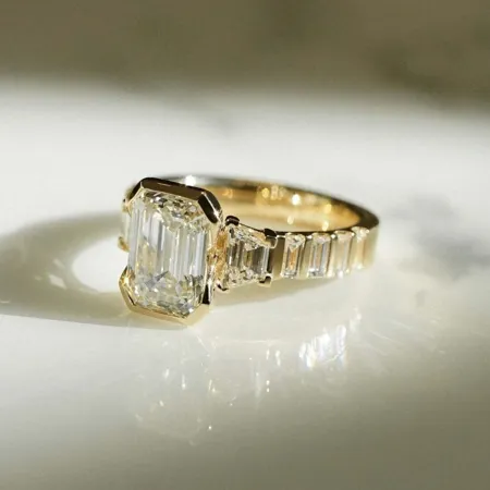 Emerald Cut Diamond White Sterling Silver Yellow Gold 3-Stone Engagement Ring