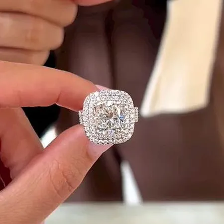 Cushion Cut Diamond White Sterling Silver Double Halo Engagement Ring