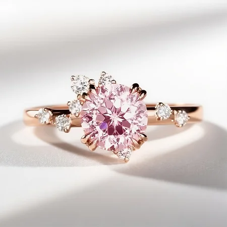 Round Cut Fancy Pink Sterling Silver Sidestones Engagement Ring