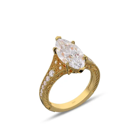 Marquise Cut Diamond White Sterling Silver Yellow Gold Engagement Ring