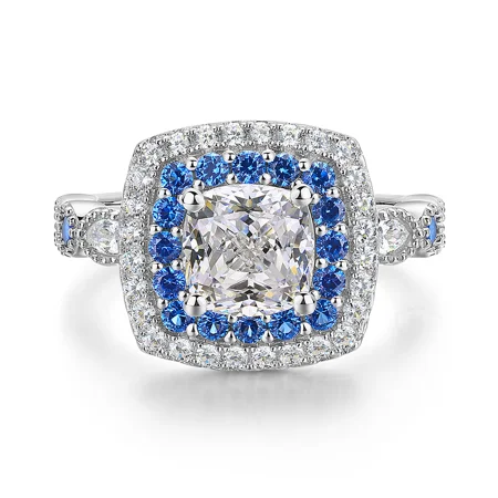 Cushion Cut Diamond White Sterling Silver Halo Engagement Ring