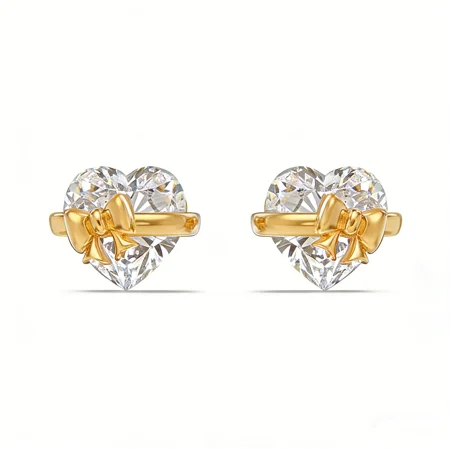 Heart Cut Diamond White Heart Bow Yellow Gold Sterling Silver Earrings