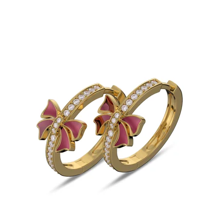 Round Cut Diamond White Sterling Silver Yellow Gold Hoop Earrings with Red Bow