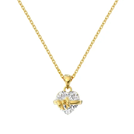 Heart Cut Diamond White Heart Bow Yellow Gold Sterling Silver Pendant Necklace