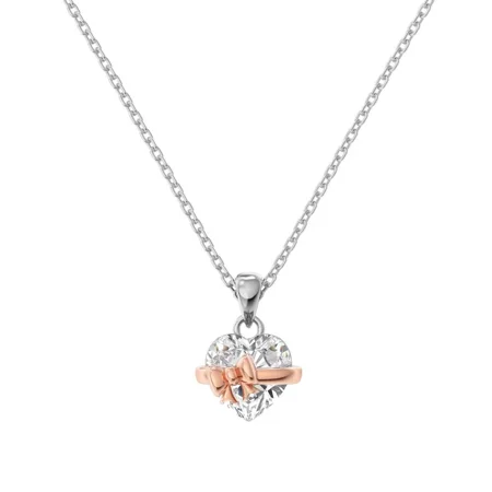 Heart Cut Diamond White Pink Rose Heart Bow Rose Gold Sterling Silver Pendant Necklace