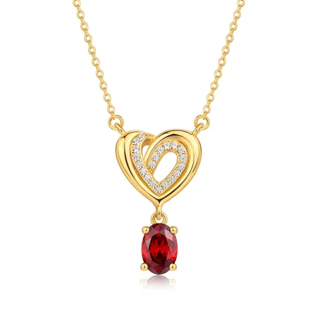 Oval Cut Ruby Yellow Gold Sterling Silver Heart Pendant Necklace