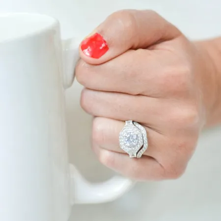 Round Cut Diamond White Halo 3-Stone 925 Sterling Silver Ring Set