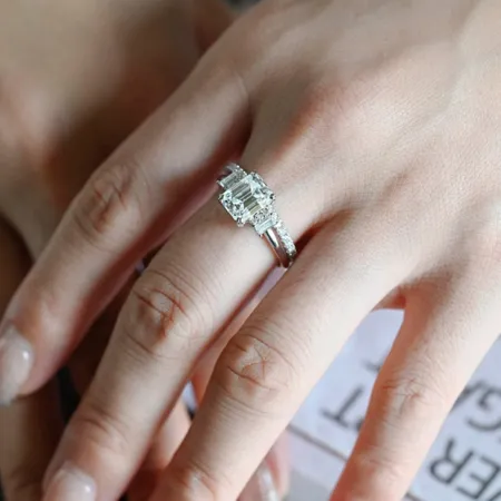 Emerald Cut Diamond White Classic 3-Stone 925 Sterling Silver Ring Set