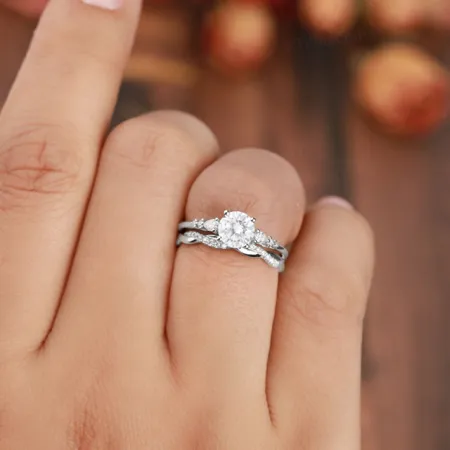 Round Cut Diamond White Classic 3-Stone 925 Sterling Silver Ring Set