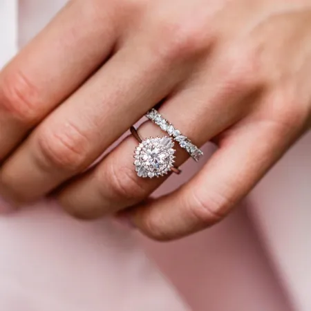 Round Cut Diamond White Halo 925 Sterling Silver Ring Set