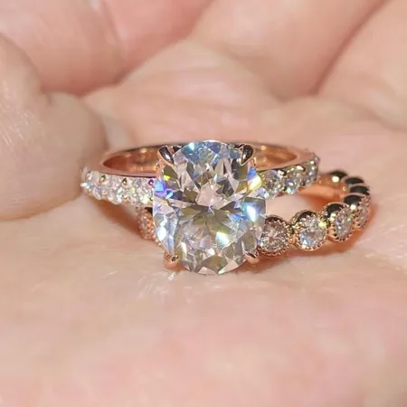 Oval Cut Diamond White Classic Rose Gold 925 Sterling Silver Ring Set