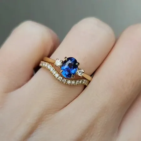 Oval Cut Sapphire Blue 925 Sterling Silver Yellow Gold 3-Stone Ring Set